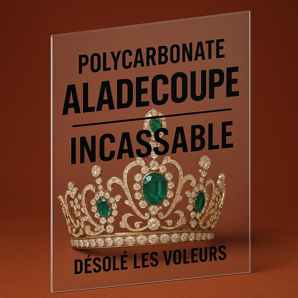 Plaque de polycarbonate transparente Aladecoupe protégeant un bijou royal, symbole de résistance et de transparence.