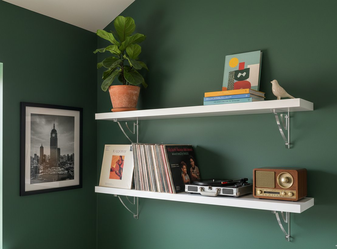 Etagères avec equerres en plexiglas