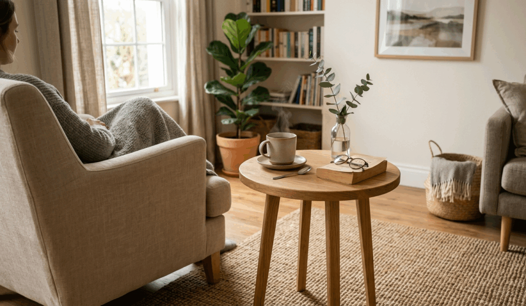 Table d’appoint en bois fabriquée avec des panneaux découpés sur mesure